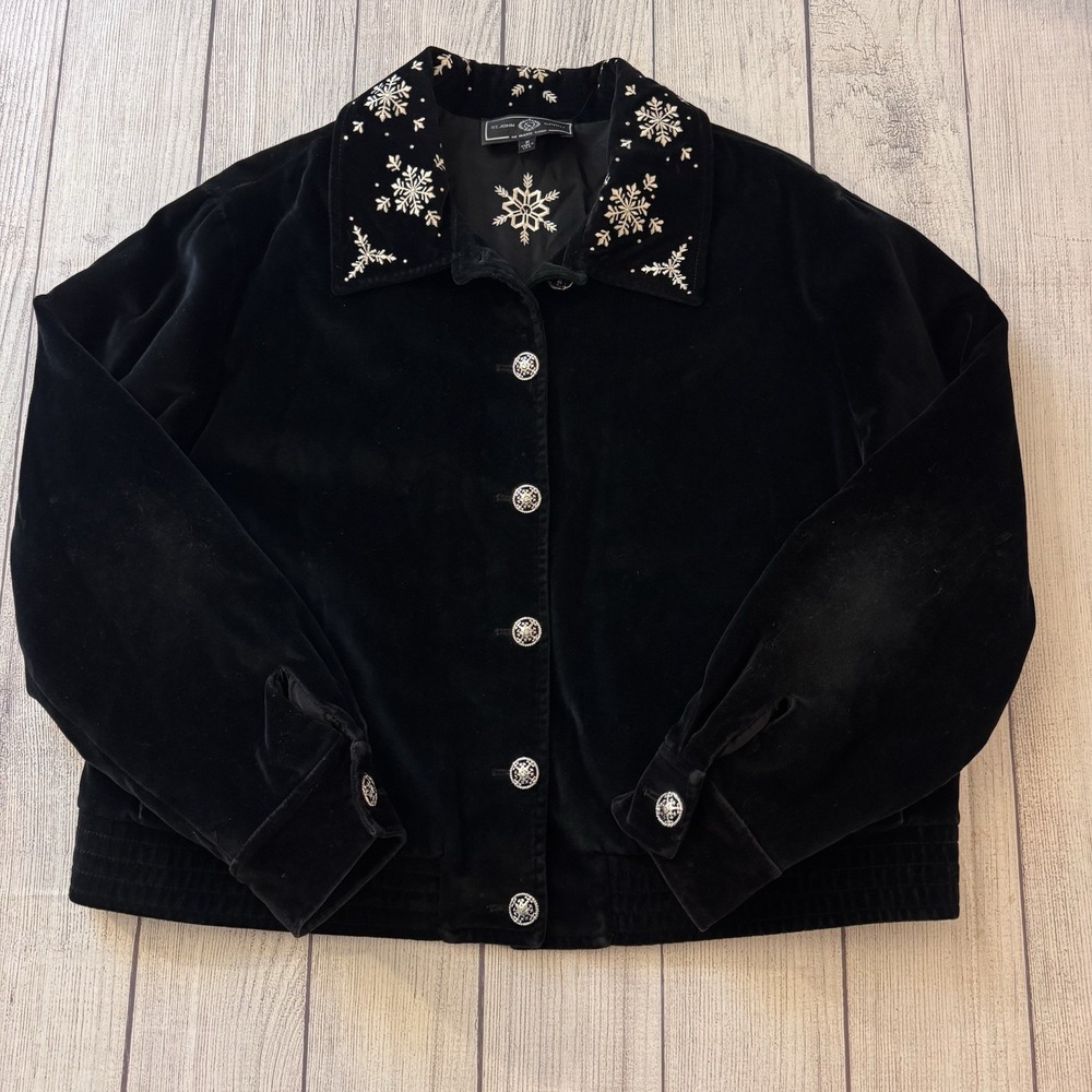 St. John SPORT Black Velvet Jacket With Snowflake And Rhinestone Collar Medium